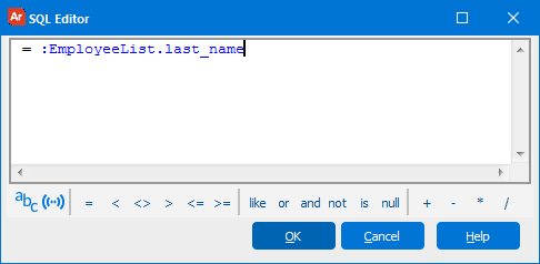 The SQL Editor with the employee last name entered.